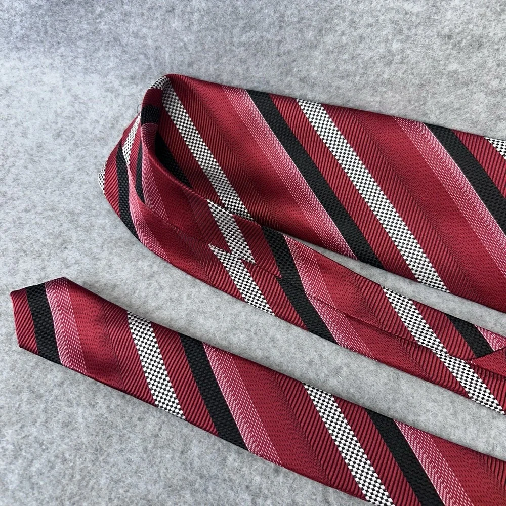 Mens 100% Silk Wide Striped Necktie Red Black White Self Tipped 60
